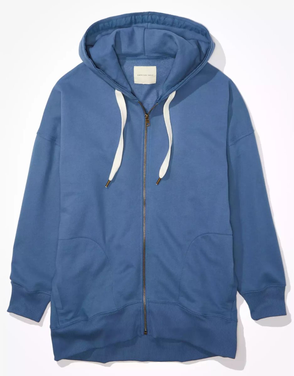 Sweat à Capuche American Eagle AE Oversized Zip-Up Bleu Femme | VOP-33350475